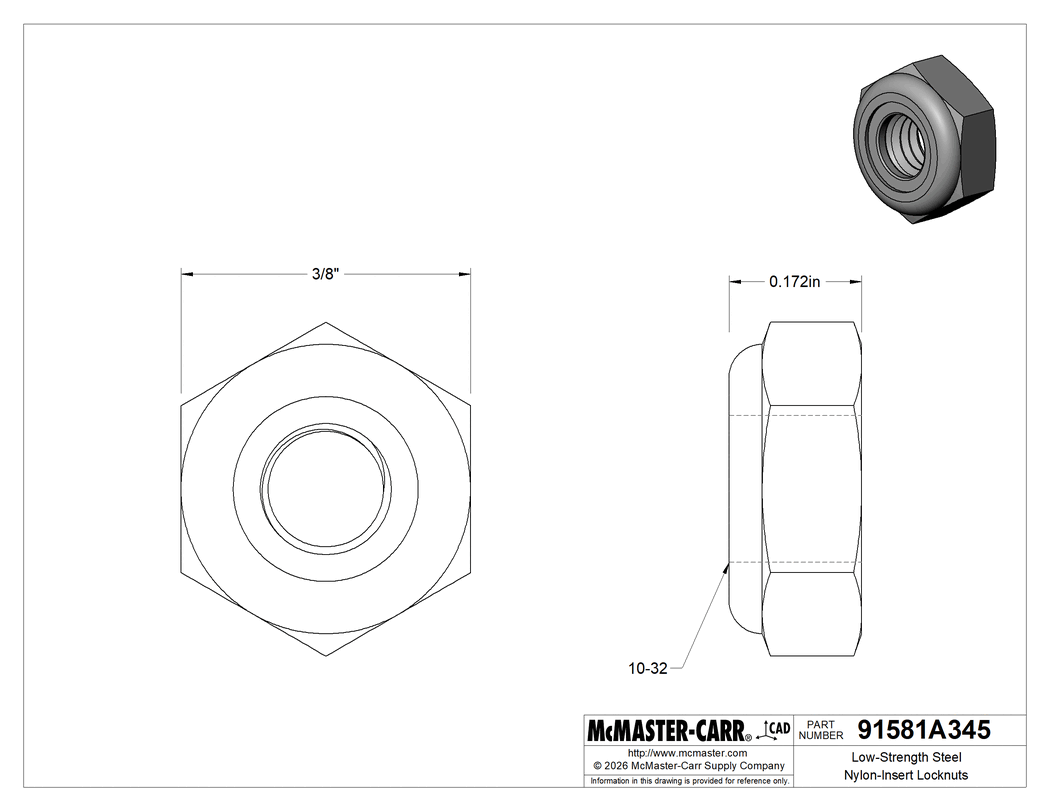 Technical Drawing of Low-Strength Steel Nylon-Insert Locknuts, Thin-Profile, Black-Corrosion-Resistant Coated, 10-32 Thread.